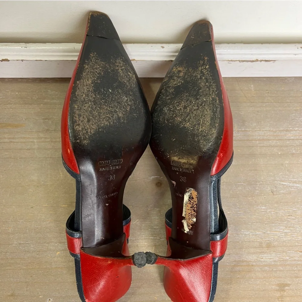 Miu Miu Red Leather Slingback Heels Square Toe Italy 38 Y2K Prada Grunge Punk - Picture 10 of 15